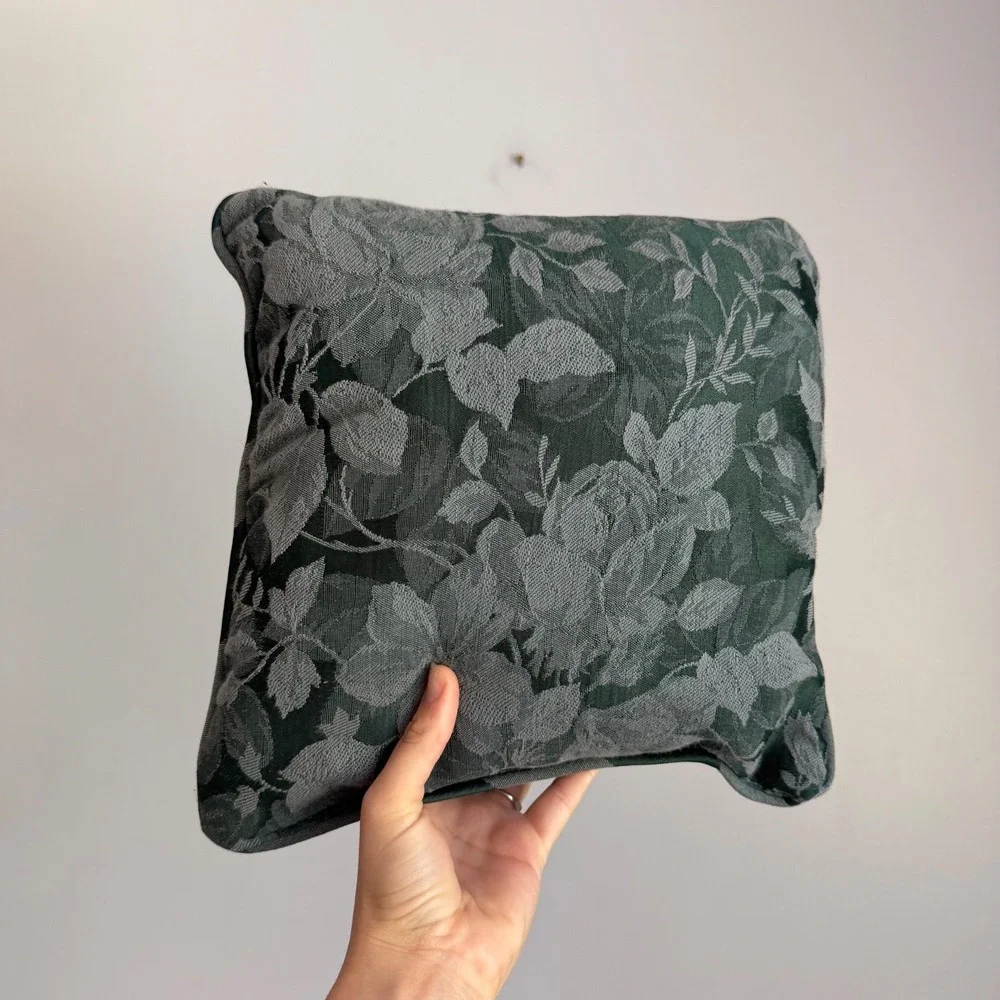 Vintage Floral Rose Damask Striped Accent Pillow Green Grey Reversible 10.5in